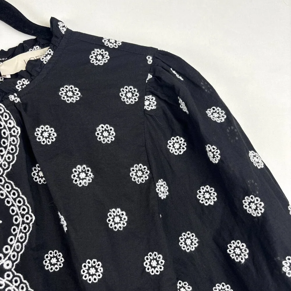 LOFT Black‎ Embroidered Puff Sleeve Top Women's Size Large Boho Cottagecore